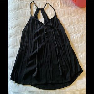 NWOT black tank top with fringe ties and buttons